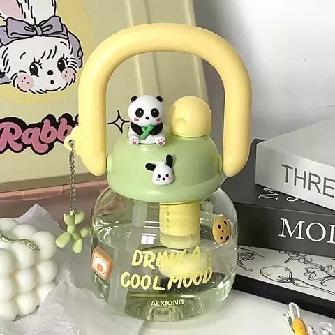 Große Kapazität Plastik Wasserflasche Süße Cartoon Panda Doppel-Trinkhalm Becher Tragbarer Griff Sport Becher Für Frauen Kinder