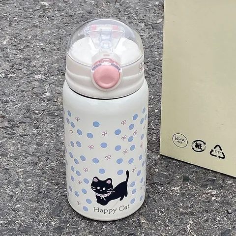 Stainless Steel Vacuum Insulated Water Bottle Cute Cat Pattern Portable Travel Tumbler With Straw And Lid