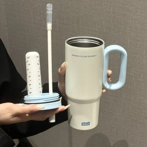 Bicchiere in Acciaio Inossidabile di Grande Capacità Con Manico E Cannuccia Tazza Termica per Ufficio Viaggio