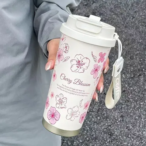 Tragbare 316 Edelstahl Isolierkanne Isolierte Wasserflasche Mit Doppeltrinkdeckel Blumenmuster Für Büro Outdoor