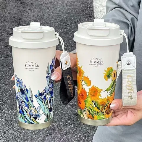 Tragbare 316 Edelstahl Isolierkanne Isolierte Wasserflasche Mit Doppeltrinkdeckel Blumenmuster Für Büro Outdoor