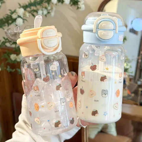 Cute Cartoon Puppy Star Plastic Water Bottle Portable Double Drinking Straw Tumbler Student Summer Drinkware Cup