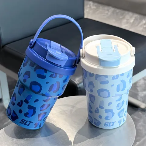 Tragbare 304 Edelstahl Thermoskanne Süßes Leopardenmuster Strohhalm Thermosbecher Kaffeetasse Desktop Wasserflasche