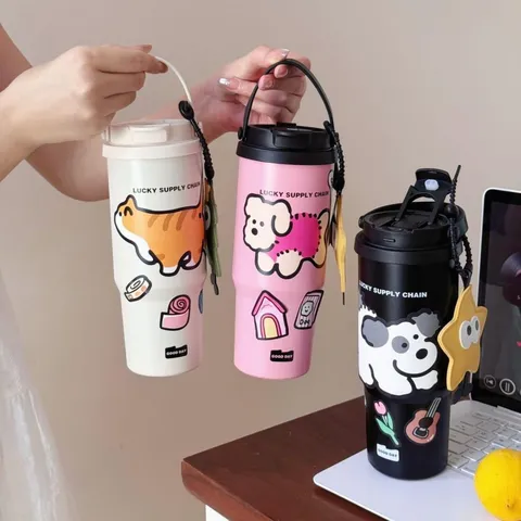 Bicchiere Isolato in Acciaio Inossidabile Con Coperchio e Cannuccia Tazza da Caffè da Viaggio Sottovuoto Portatile di Grande Capacità Con Manico