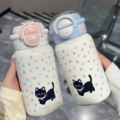 Tasse Isotherme en Acier Inoxydable 304 Avec Paille Double Boisson Tasse à Vide Mignon Chat Bouteille d'Eau Portable Étudiant