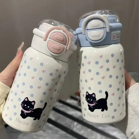 Tasse Isotherme en Acier Inoxydable 304 Avec Paille Double Boisson Tasse à Vide Mignon Chat Bouteille d'Eau Portable Étudiant