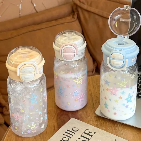 Bicchiere d'Acqua in Plastica con Cannuccia Carino Tumbler Portatile per Studenti con Stampa di Stelle e Cani Resistente al Calore