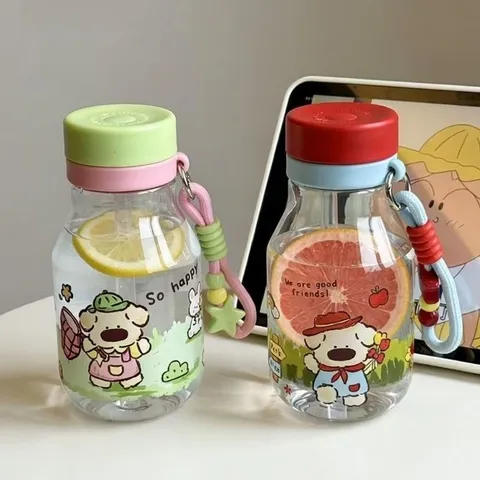 Girls Cute Cartoon Dog Plastic Water Bottle Portable Dual Drinking Straw Cup With Lanyard And Strap