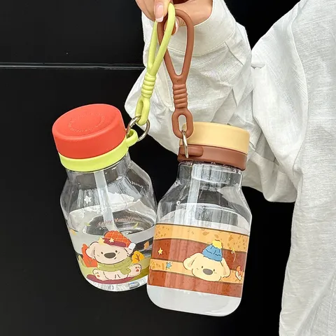 Bottiglia d'Acqua in Plastica Portatile con Cannuccia Carino Stampa Animale Cartone Animato Bicchiere con Tracolla A prova di perdite per Bambini Studenti Uso Quotidiano