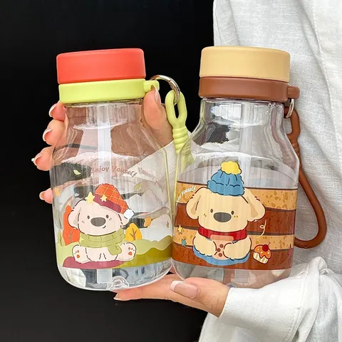 Bottiglia d'Acqua in Plastica Portatile con Cannuccia Carino Stampa Animale Cartone Animato Bicchiere con Tracolla A prova di perdite per Bambini Studenti Uso Quotidiano