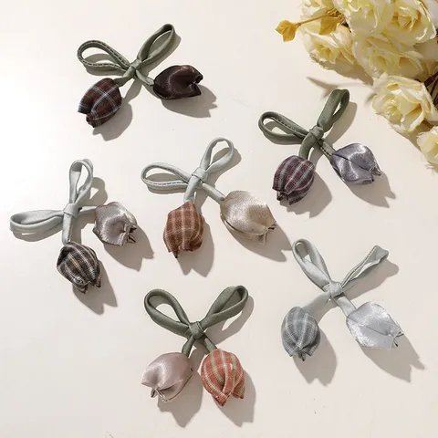 Estilo Mori Dulce Lazos de Tulipán de Doble Cabeza a Cuadros DIY Accesorio de Cabello de Tela Lindo Material para Mujeres