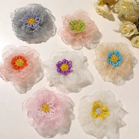 Handmade Burned-Edge Organza Beaded Flower Applique DIY Headwear Wedding Dress Apparel Sewing Craft Accessory