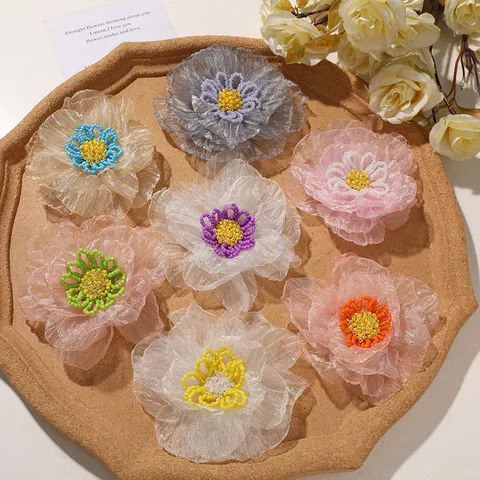 Handmade Burned-Edge Organza Beaded Flower Applique DIY Headwear Wedding Dress Apparel Sewing Craft Accessory