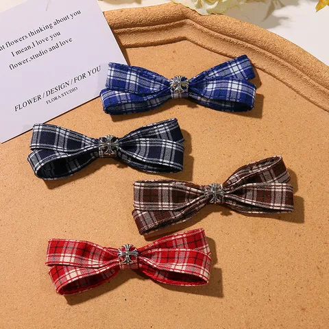 Pinza de Pelo con Lazo a Cuadros Estilo Británico Horquilla de Tela Vintage con Cruz Accesorios de Pelo JK para Mujer