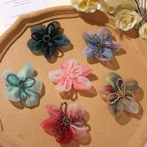 Accesorio para el Cabello de Flor de Cinco Pétalos de Organza Hecho a Mano Núcleo de Cuentas de Cristal Tocado Hanfu