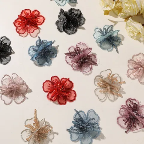 3D Embroidered Organza Flower With Beaded Core Handmade DIY Craft For Hanfu Hair Accessories Clothing Decor Embellishment