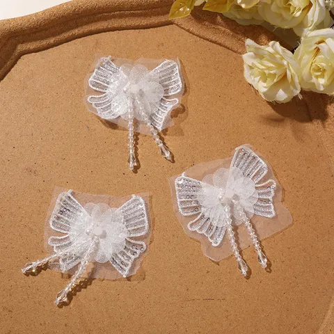 White Chiffon Embroidered Butterfly Applique With Tassel Crystal Beads DIY Hair Accessories Garment Sewing Craft Patch