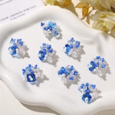 Summer Island Style Sea Salt Blue Glass Bead Flower DIY Accessories For Earrings Hair Clips Clothing Decoration Handmade Beaded Floral Charms