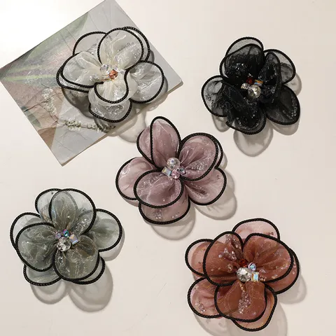 Atmospheric Gradient Tulle Mesh 3D Rose Flower DIY Rhinestone Accessory For Hair Clothing Bag Shoe Hand Woven Floral Applique