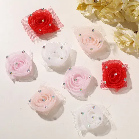 Fleur de Rose 3D Accessoire DIY en Filet Mousseline Douce Strass Bordure Florale pour Robe de Mariée Décoration d'Accessoires de Cheveux
