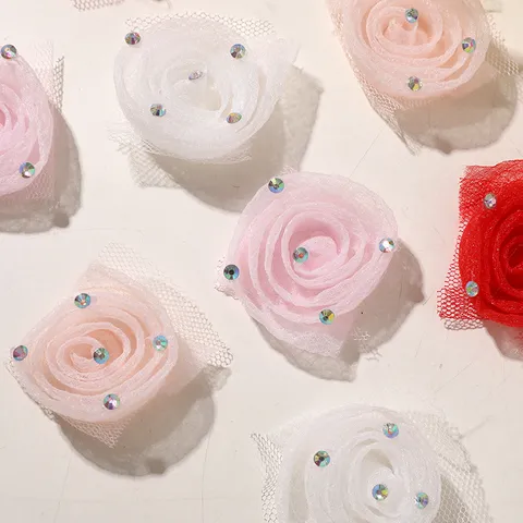 Fleur de Rose 3D Accessoire DIY en Filet Mousseline Douce Strass Bordure Florale pour Robe de Mariée Décoration d'Accessoires de Cheveux