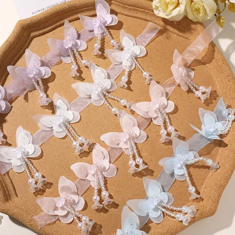 Korean Style Double Layer Mesh Butterfly Patch With Beaded Tassels DIY Garment Accessory Fairy Princess Hair Ornament Corsage Craft