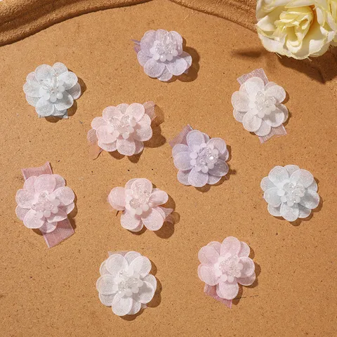 Fleur en Maille Faite à la Main Avec Perles de Verre pour Décoration DIY Bandeau Vêtement Accessoire en Mousseline