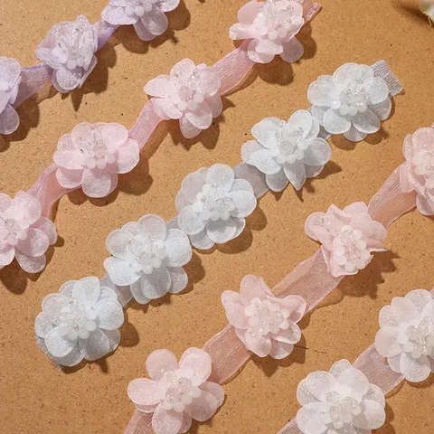 Fleur en Maille Faite à la Main Avec Perles de Verre pour Décoration DIY Bandeau Vêtement Accessoire en Mousseline