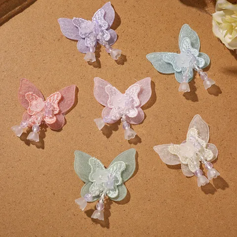Double Layer Mesh Butterfly Patch With Tassel Glass Seed Beads Sweet Princess Style Dopamine DIY Hair Clothing Accessory