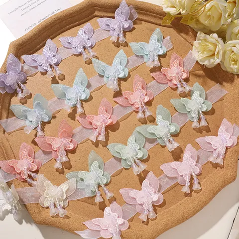 Double Layer Mesh Butterfly Patch With Tassel Glass Seed Beads Sweet Princess Style Dopamine DIY Hair Clothing Accessory