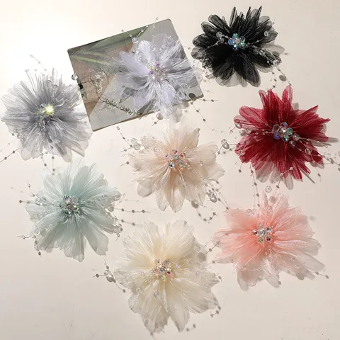 Handmade Mesh Crystal Beaded Flower DIY Hair Accessory Sweet Fairy Style Corsage Clothing Trim For Women Floral Shark Clip Decor