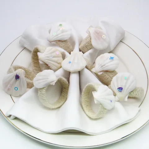 Ronds de Serviette en Coquillage Naturel et Corde de Chanvre Décoration de Table Créative pour Table à Manger d'Hôtel