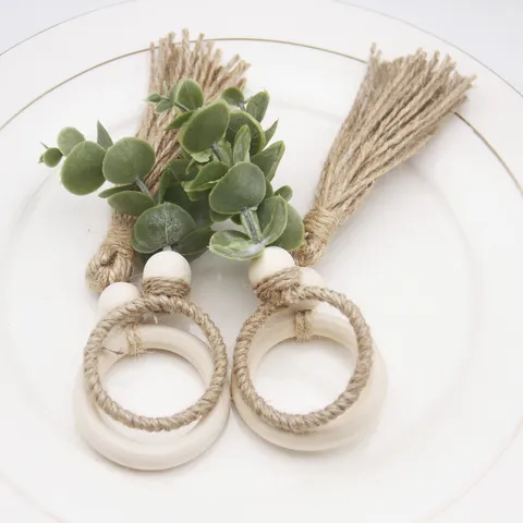 Rond de Serviette en Corde de Chanvre Tissée Main Style Pastoral Perle de Bois Gland Anneau de Table Porte-Serviette