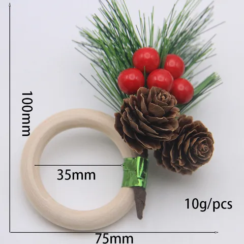 Christmas Red Fruit Pine Needle Napkin Ring Wooden Circle Table Decoration For Hotel Banquet Party Dinner Table Setting