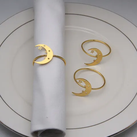 Ronds de Serviette Étoile et Lune en Acier Inoxydable Doré Argenté Porte-Serviette pour Mariage Fête Déco de Table