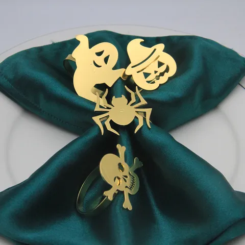 Ronds de Serviette en Métal d'Halloween Or Citrouille Crâne Fantôme Araignée Porte-Serviettes pour Fête Dîner Table