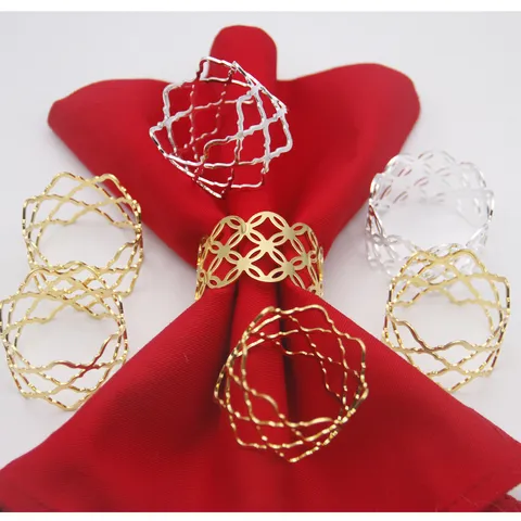 Or Argent Métal Ajouré Géométrique Diamant Ronds de Serviette Support de Boucle de Serviette de Table pour Mariage Fête Salle à Manger