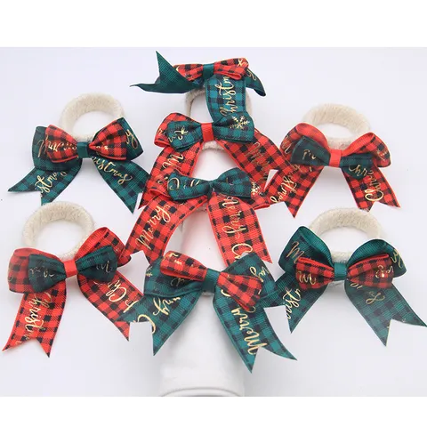 Noël Carreaux Rouge Vert Nœud Ronds de Serviette Corde de Chanvre Porte-Serviettes Tissu Déco de Table Pour Fête Table de Repas Mariage