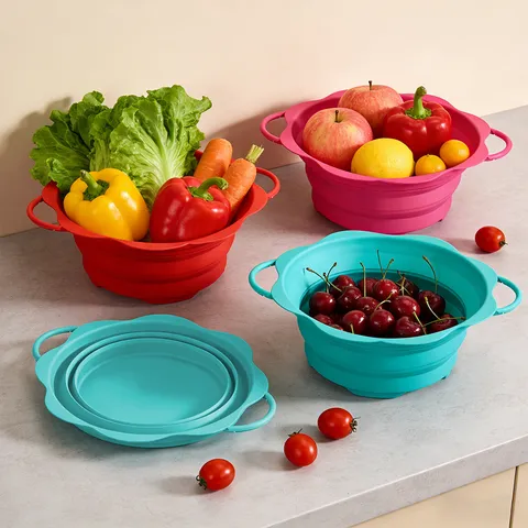 Collapsible Silicone Colander Foldable Kitchen Strainer Round Washing Basket Fruit Vegetable Drainer Portable Food Basket