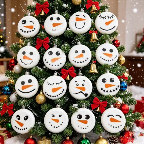 Decorazione Sospesa per Albero di Natale Ornamenti Rotondi BIANCHI Con Adesivi Faccia da Pupazzo di Neve Forniture per Feste