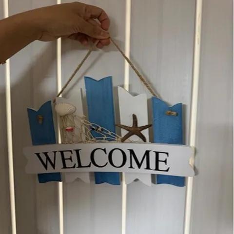 Mediterranean Wooden Welcome Hanging Sign Ocean Theme Starfish Seashell Beach Decor For Home Wall Decor