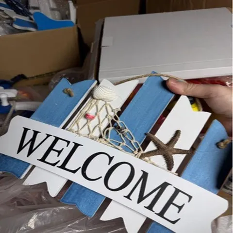 Mediterranean Wooden Welcome Hanging Sign Ocean Theme Starfish Seashell Beach Decor For Home Wall Decor