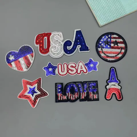 Sequin Embroidered Cloth Patches Flag Letter Star Heart Iron On Applique For Kids Clothes DIY Decoration