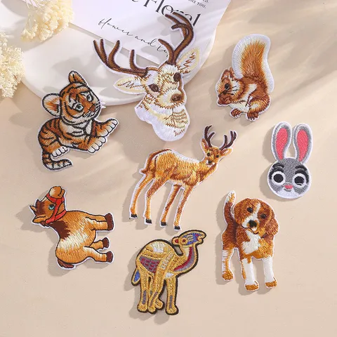 Cartoon Animal Embroidery Patches Polyester Cute Tiger Deer Rabbit Dog Sewing Applique DIY Garment Accessories Badge