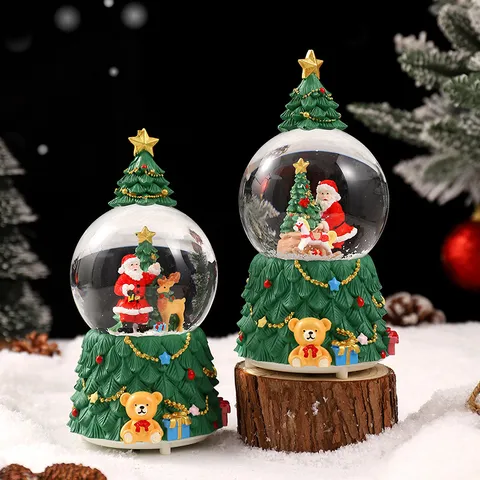 Christmas Light Up Snow Globe Music Box Santa Claus Resin Figurine Holiday Gift Desktop Home Decor