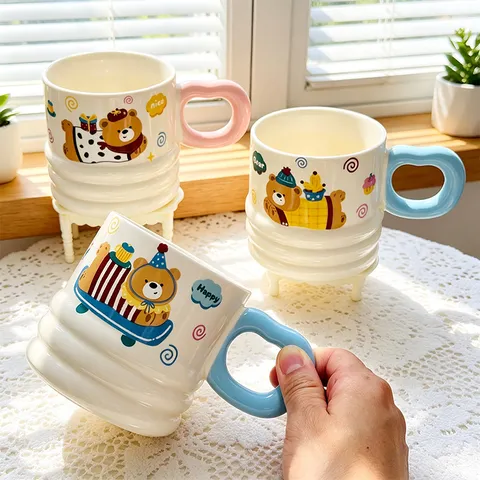 Tazza da Caffè in Ceramica Cartoon Carina Con Coperchio e Cucchiaio Design Animale Kawaii Tazza d'Acqua Regalo Creativo per la Colazione