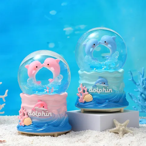 Carino Delfino Sirena Palla di Neve Carillon Luminoso Resina Artigianato Scrivania Soprammobile Regalo di Compleanno Per Bambini