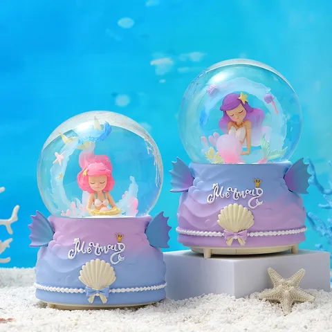 Carino Delfino Sirena Palla di Neve Carillon Luminoso Resina Artigianato Scrivania Soprammobile Regalo di Compleanno Per Bambini