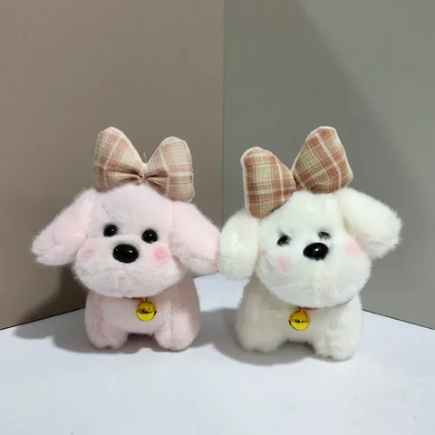 Cute Cartoon Plush Dog Keychain Soft Puppy Toy Pendant With Bow Knot And Gold Bell Backpack Ornament Hanging Charm Gift For Friends