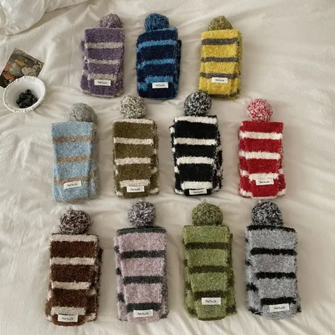 Winter Warm Knitted Scarf Contrast Color Striped Wool Blend Neck Warmer With Pom-Pom For Women Daily